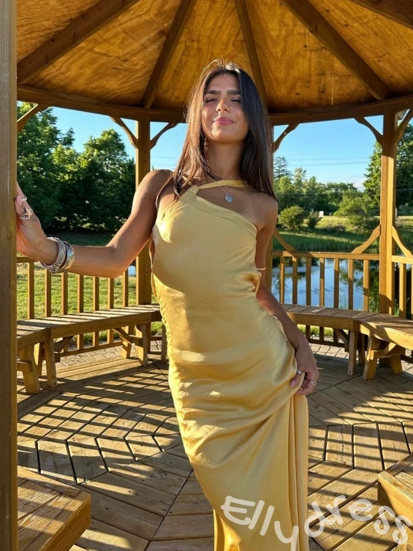Elegant Yellow One-shoulder Mermaid Long Prom Dress