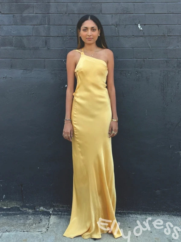 Elegant Yellow One-shoulder Mermaid Long Prom Dress