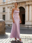Lilac Spaghetti Strap Square Neck Satin A-Line Prom Dress with V-Shape Seam Detail and Lace-Up Corset Back