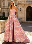 Pink Rose Floral Print Strapless Satin A-Line Prom Dress with 3D Rose Flower
