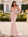 Blush Pink Wide Strap Scoop Neck Sheer Lace Corset Bodice Full Floral Embroidered Mermaid Prom Dress with Bow Waist Sheer Lace Low Back and Sweep Train