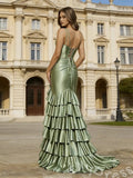 Olive Green Double Spaghetti Strap Deep V-Neck Corset Satin Mermaid Prom Dress with Tiered Side Ruffles High Slit Lace-Up Back and Sweep Train