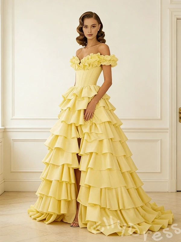 Daffodil Yellow Off-Shoulder Sweetheart Corset Tiered Cake Ball Gown Prom Dress with 3D Floral Shoulder Eight-Layer Ruffles Hi-Low Hem Lace-Up Back and Sweep Train