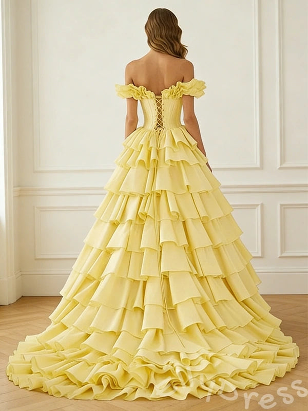 Daffodil Yellow Off-Shoulder Sweetheart Corset Tiered Cake Ball Gown Prom Dress with 3D Floral Shoulder Eight-Layer Ruffles Hi-Low Hem Lace-Up Back and Sweep Train