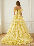 Daffodil Yellow Off-Shoulder Sweetheart Corset Tiered Cake Ball Gown Prom Dress with 3D Floral Shoulder Eight-Layer Ruffles Hi-Low Hem Lace-Up Back and Sweep Train