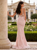 Blush Pink Wide Strap Scoop Neck Sheer Lace Corset Bodice Full Floral Embroidered Mermaid Prom Dress with Bow Waist Sheer Lace Low Back and Sweep Train