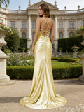 Champagne Yellow Spaghetti Strap Cowl Neck Satin Mermaid Prom Dress with Sheer Crystal Corset Ruched Waist High Slit and Lace-Up Back
