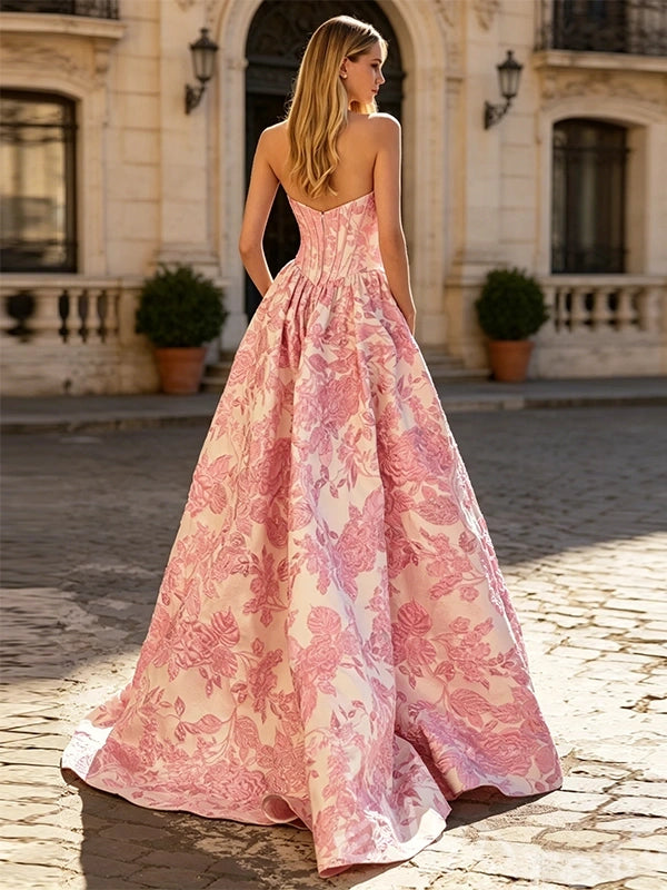 Pink Rose Floral Print Strapless Satin A-Line Prom Dress with 3D Rose Flower