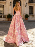 Pink Rose Floral Print Strapless Satin A-Line Prom Dress with 3D Rose Flower