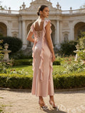 Blush Pink Ruffle Sleeve Cowl Neck Satin Prom Dress with Side Ruffles Lace-Up Back Tea Length