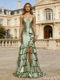 Olive Green Double Spaghetti Strap Deep V-Neck Corset Satin Mermaid Prom Dress with Tiered Side Ruffles High Slit Lace-Up Back and Sweep Train