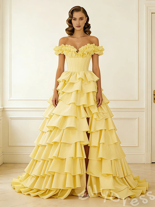 Daffodil Yellow Off-Shoulder Sweetheart Corset Tiered Cake Ball Gown Prom Dress with 3D Floral Shoulder Eight-Layer Ruffles Hi-Low Hem Lace-Up Back and Sweep Train