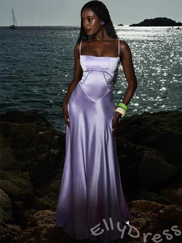 Lilac Spaghetti Strap Square Neck Satin A-Line Prom Dress with V-Shape Seam Detail and Lace-Up Corset Back