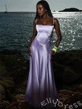 Lilac Spaghetti Strap Square Neck Satin A-Line Prom Dress with V-Shape Seam Detail and Lace-Up Corset Back