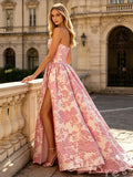 Pink Rose Floral Print Strapless Satin A-Line Prom Dress with 3D Rose Flower