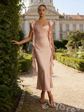 Blush Pink Ruffle Sleeve Cowl Neck Satin Prom Dress with Side Ruffles Lace-Up Back Tea Length
