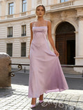 Lilac Spaghetti Strap Square Neck Satin A-Line Prom Dress with V-Shape Seam Detail and Lace-Up Corset Back