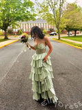 Sage Green Strapless Sweetheart Sheer Rhinestone Corset Bodice Tiered Cake A-Line Prom Dress with Seven-Layer Satin Ruffle Skirt and Open Back