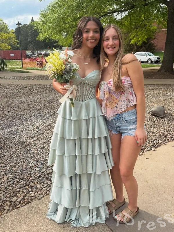 Sage Green Strapless Sweetheart Sheer Rhinestone Corset Bodice Tiered Cake A-Line Prom Dress with Seven-Layer Satin Ruffle Skirt and Open Back