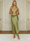 Olive Green Ruffle Wide Strap Deep V-Neck Satin Prom Dress with Ruffle Shoulders Lace Side Slit and Open Back