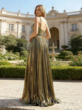 Bronze Gold Black Metallic Pleated A-Line Prom Dress with Criss Cross Halter Strap Twist Cutout Bust Side High Slit and Lace-Up Corset Back