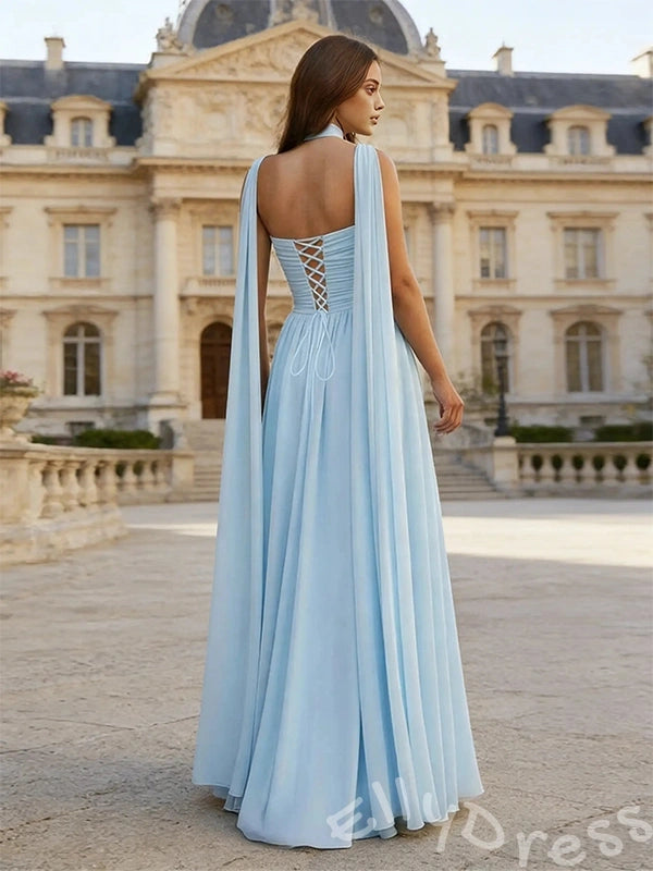 Ice Blue One Shoulder Choker Neck Chiffon A-Line Prom Dress with Diagonal Ruched Bodice Cinched Waist Cape Sleeve and Lace-Up Back