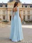 Ice Blue One Shoulder Choker Neck Chiffon A-Line Prom Dress with Diagonal Ruched Bodice Cinched Waist Cape Sleeve and Lace-Up Back