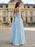Ice Blue One Shoulder Choker Neck Chiffon A-Line Prom Dress with Diagonal Ruched Bodice Cinched Waist Cape Sleeve and Lace-Up Back