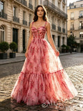 Pink Rose Floral Print Spagehhti Straps Chiffon A-Line Prom Dress with Flower