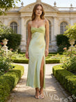 Sage Green Spaghetti Strap Ruched Crossover Bust Satin Prom Dress with High Slit Lace-Up Back and Tea Length