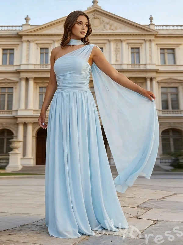 Ice Blue One Shoulder Choker Neck Chiffon A-Line Prom Dress with Diagonal Ruched Bodice Cinched Waist Cape Sleeve and Lace-Up Back