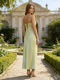 Sage Green Spaghetti Strap Ruched Crossover Bust Satin Prom Dress with High Slit Lace-Up Back and Tea Length