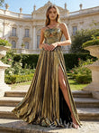 Bronze Gold Black Metallic Pleated A-Line Prom Dress with Criss Cross Halter Strap Twist Cutout Bust Side High Slit and Lace-Up Corset Back