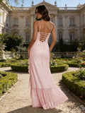 Pink Spaghetti Strap Cowl Neck Sequin Mermaid Prom Dress with Side Ruffle High Slit and Lace-Up Back