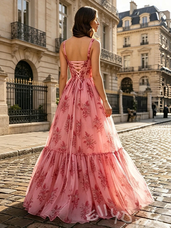 Pink Rose Floral Print Spagehhti Straps Chiffon A-Line Prom Dress with Flower