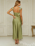 Olive Green Ruffle Wide Strap Deep V-Neck Satin Prom Dress with Ruffle Shoulders Lace Side Slit and Open Back