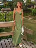 Olive Green Ruffle Wide Strap Deep V-Neck Satin Prom Dress with Ruffle Shoulders Lace Side Slit and Open Back