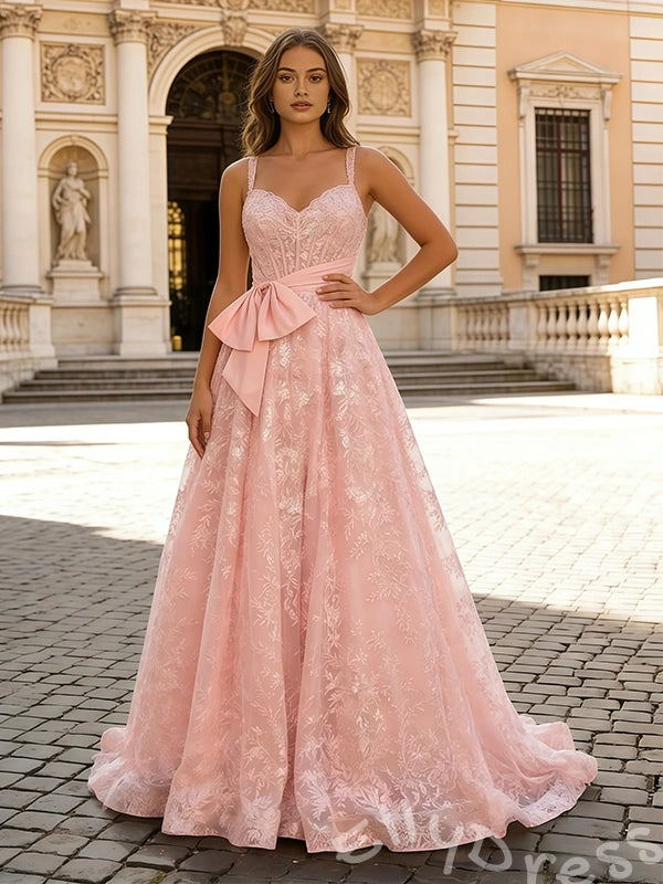 Blush Pink Wide Strap Sweetheart Floral Lace A-Line Prom Dress with Oversized Bow Waist Lace-Up Corset Back and Sweep Train
