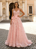 Blush Pink Wide Strap Sweetheart Floral Lace A-Line Prom Dress with Oversized Bow Waist Lace-Up Corset Back and Sweep Train