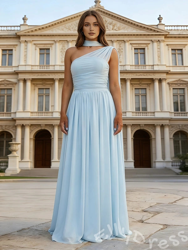 Ice Blue One Shoulder Choker Neck Chiffon A-Line Prom Dress with Diagonal Ruched Bodice Cinched Waist Cape Sleeve and Lace-Up Back