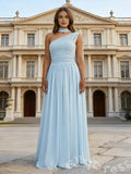 Ice Blue One Shoulder Choker Neck Chiffon A-Line Prom Dress with Diagonal Ruched Bodice Cinched Waist Cape Sleeve and Lace-Up Back