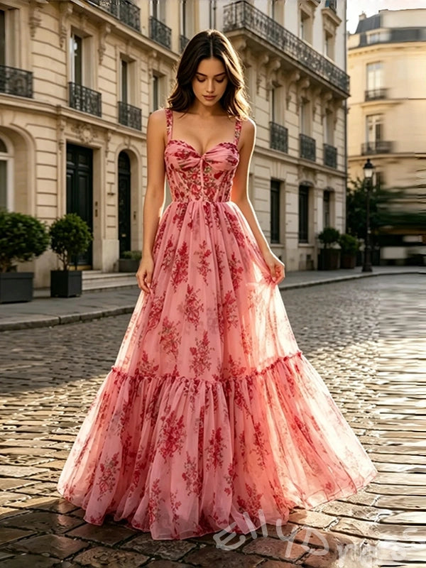 Pink Rose Floral Print Spagehhti Straps Chiffon A-Line Prom Dress with Flower