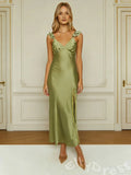 Olive Green Ruffle Wide Strap Deep V-Neck Satin Prom Dress with Ruffle Shoulders Lace Side Slit and Open Back
