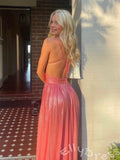 Hot Pink Spaghetti Strap Surplice V-Neck Metallic Pleated A-Line Prom Dress with Cutout Waist Side Cutouts and Lace-Up Back