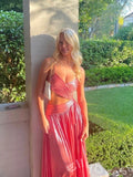 Hot Pink Spaghetti Strap Surplice V-Neck Metallic Pleated A-Line Prom Dress with Cutout Waist Side Cutouts and Lace-Up Back