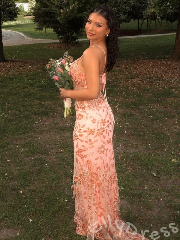 Coral Pink Spaghetti Strap Sweetheart Sheer Lace Mermaid Prom Dress with 3D Floral Embroidery Tiered Hem Corset Back and Sweep Train