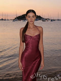 Burgundy Halter Spaghetti Strap Sweetheart Satin Prom Dress with Sequin Embroidered Bodice Ruched Side and Open Back