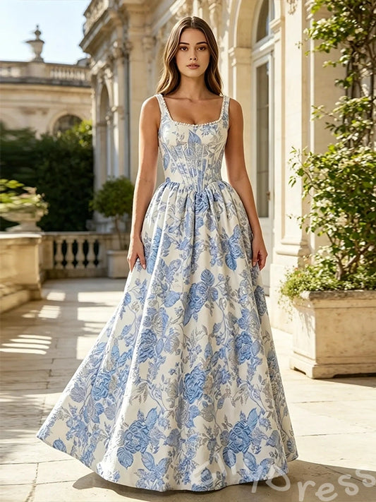 Sky Blue Floral Print Spagehhti Straps Satin A-Line Prom Dress with Flower