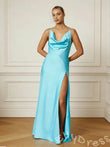 Tiffany Blue Spaghetti Strap Cowl Neck Satin Sheath Prom Dress with Draped Bust Side High Slit and Open Low Back