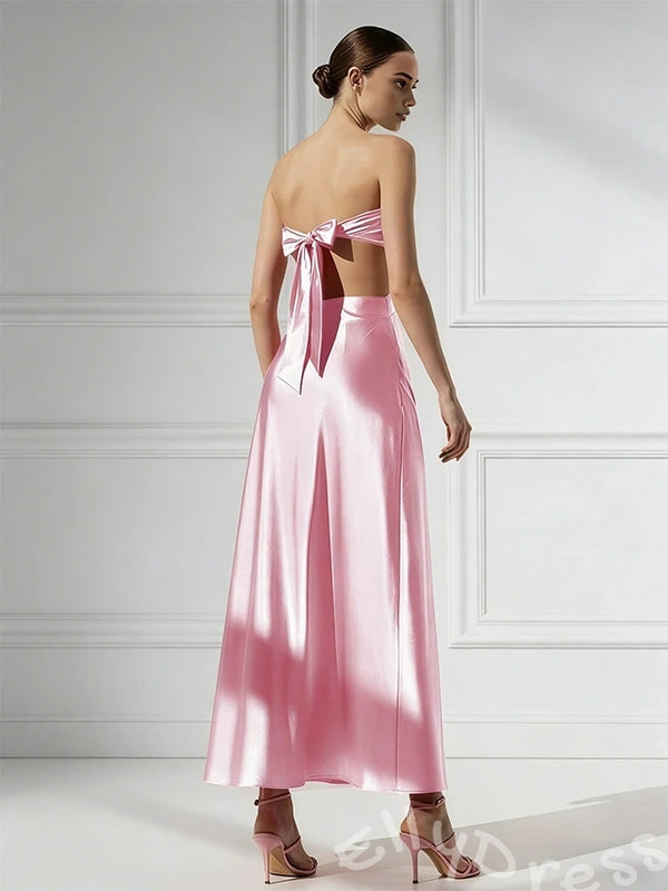 Pink Strapless Sweetheart Satin A-Line Prom Dress with Twist Bow Cutout Bust Double Side Cutout Waist Open Back Bow Tie and Tea Length